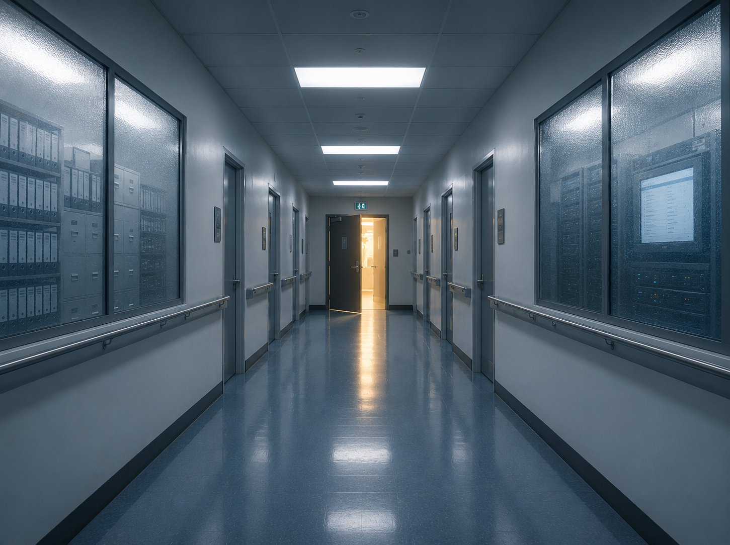 Hospital corridor with locked data files